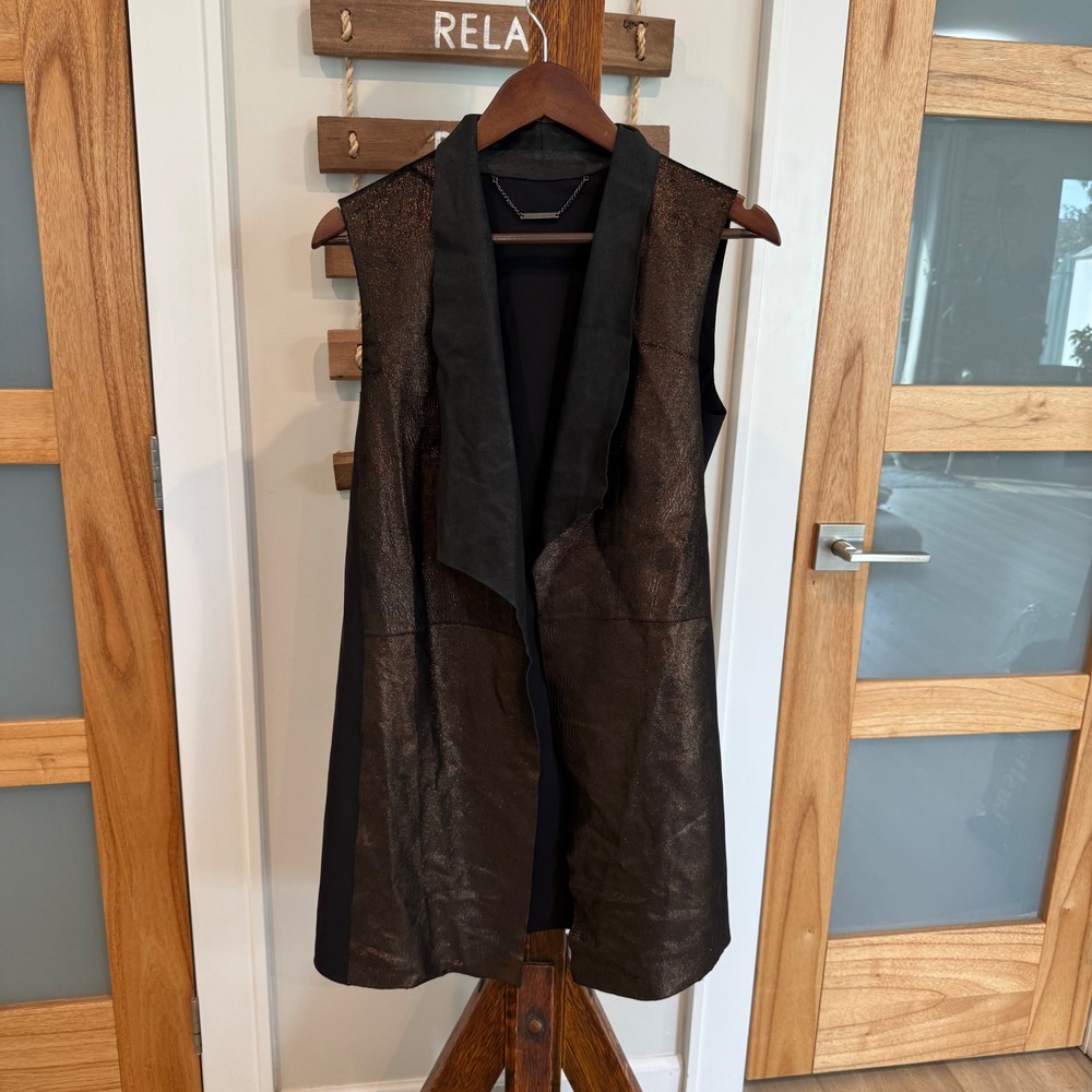 Elie Tahari Metallic Bronze Lamb Leather Long Vest Black Womens Small EUC